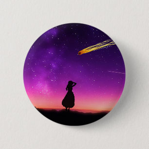 Purple Night Sky With Comet Crashing Toward Earth Pinback Button