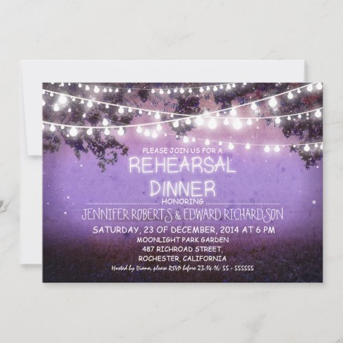 purple night  string lights rehearsal dinner invitation