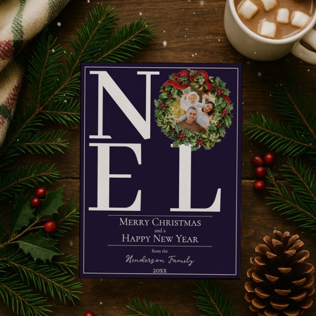 Purple Noel Christmas Wreath Photo Holiday Card (Purple Noel Christmas Wreath Photo Holiday Card)