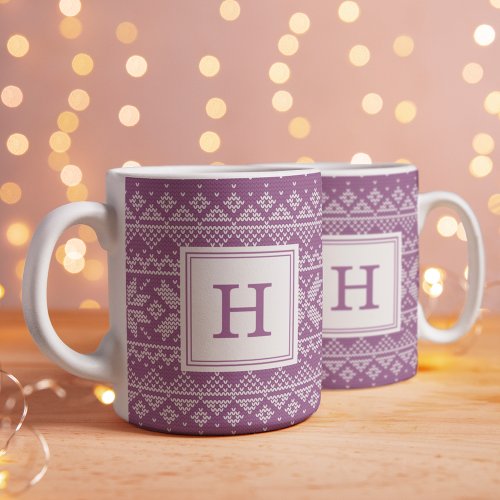 Purple Nordic Sweater Pattern Monogram Holiday  Coffee Mug