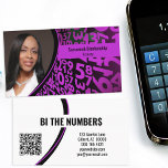 Purple Numbers on Black Custom Photo QR Code Business Card<br><div class="desc">A purple and black numbers background on this design features a photo placeholder on the left with template name on the right. The back includes a coordinated design and colors with text fields for the business name and details. Replace the placeholder photo with your vertical format photograph and your link...</div>