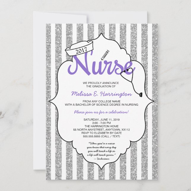 Purple Nurse graduation RN pinning ceremony party Invitation (Front)