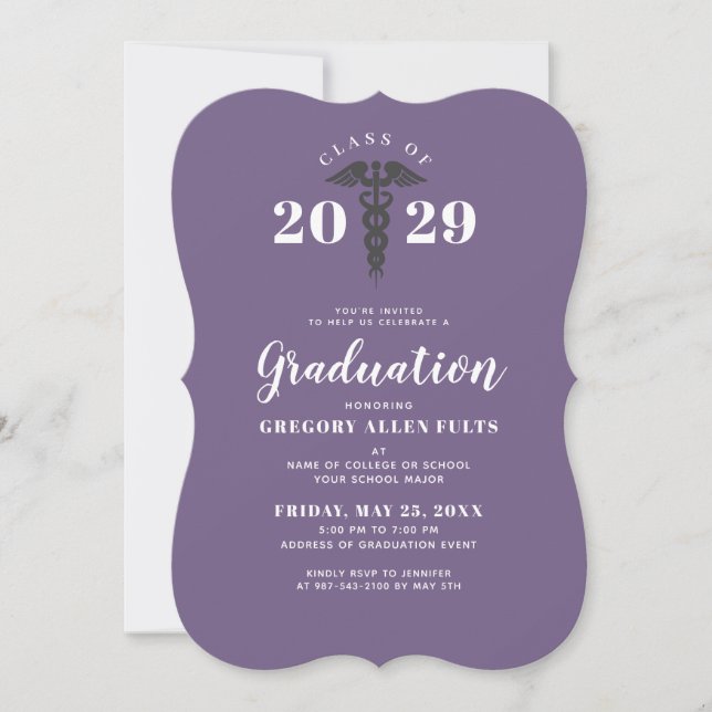 Purple Nurse RN Graduation Medical Caduceus Invitation (Front)