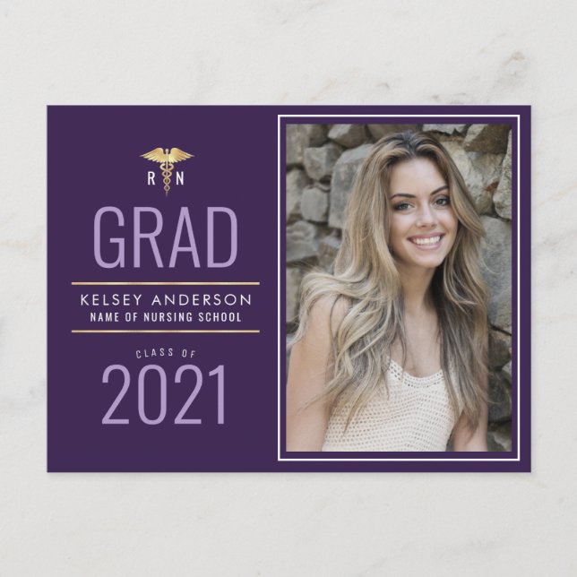 purple nursing school graduation announcement postcard (Front)