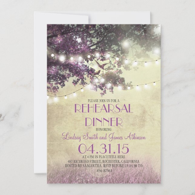 purple oak tree & birds lights rehearsal dinner invitation (Front)
