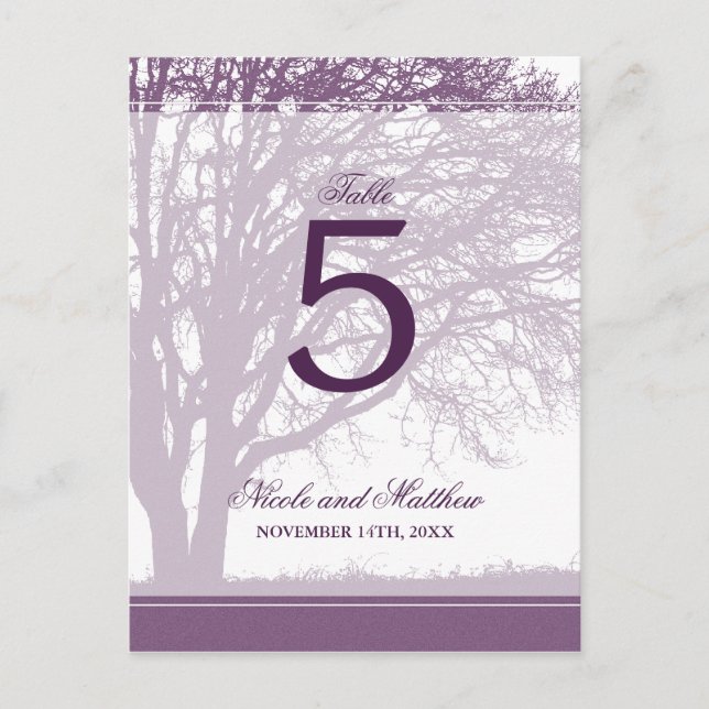 Purple Oak Tree Fall Wedding Table Number (Front)