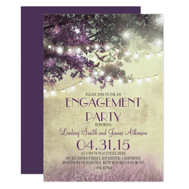 Purple Oak Tree Lights Love Birds Engagement Party Invitation