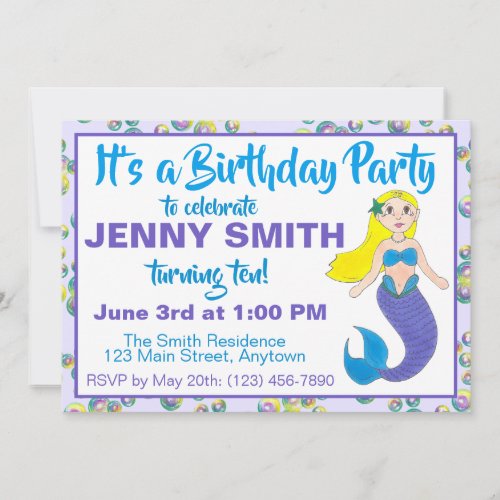 Purple Ocean Mermaid Bubbles Birthday Pool Party Invitation