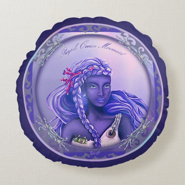 Purple ocean mermaid round pillow (Front)