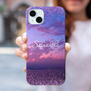 Purple Ocean Sunset Photo Confetti Name Script iPhone 15 Plus Case