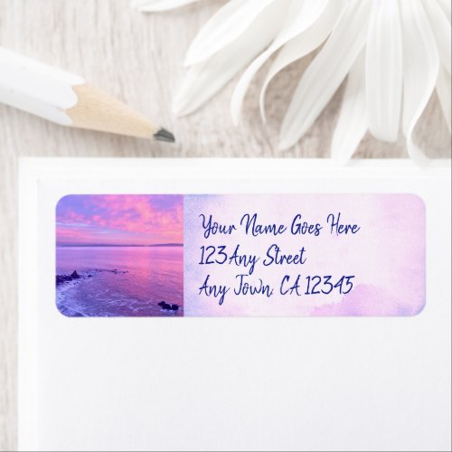 Purple Ocean Sunset Photo Script Custom Address Label