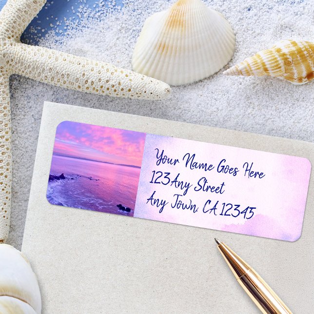 Purple Ocean Sunset Photo Script Custom Address Label (Creator Uploaded)