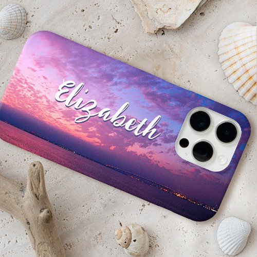 Purple Ocean Sunset Photo Stylish Script Name Chic iPhone 15 Pro Max Case