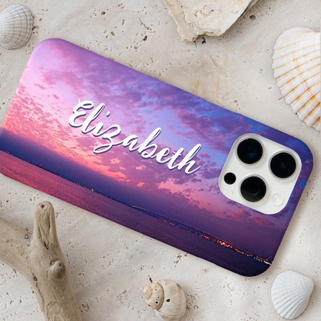 Purple Ocean Sunset Photo Stylish Script Name Chic Case-Mate iPhone Case (Creator Uploaded)