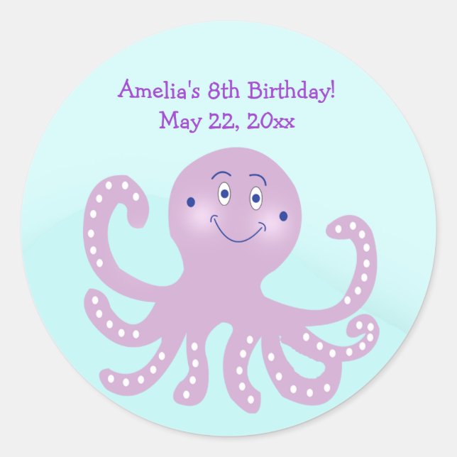 Purple Octopus Birthday Custom Favor Sticker (Front)