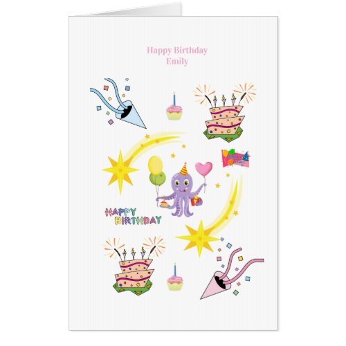 Purple Octopus Cupcake Large Happy Birthday Card