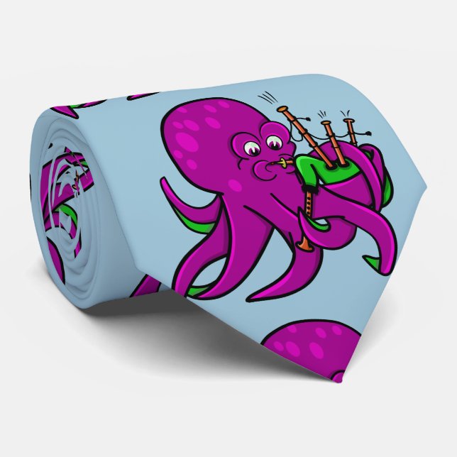 Purple Octopus Playing Green Bagpipes Neck Tie (Rolled)