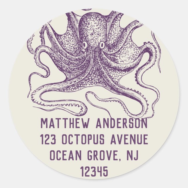 Purple Octopus Round Return Address Labels (Front)