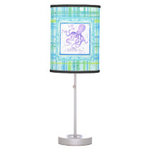 Purple Octopus Seas the Day Beach Watercolor Plaid Table Lamp