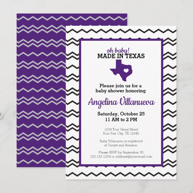Purple Oh Baby! Chevron Made in Texas Shower Invitation (Front/Back)