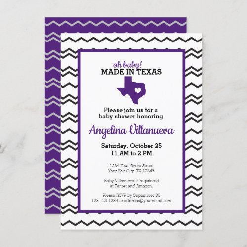 Purple Oh Baby Chevron Made in Texas Shower Invitation