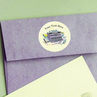 Purple Old Manual Typewriter Paper on Yellow Classic Round Sticker
