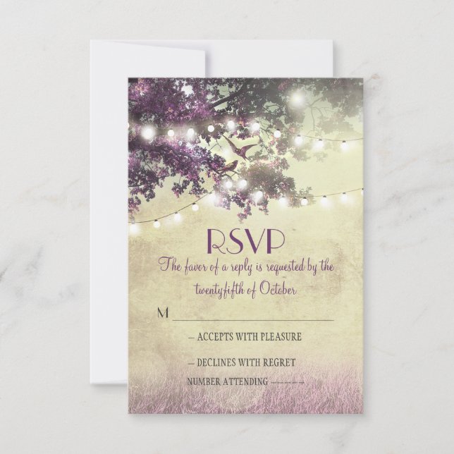 Purple old oak tree lights wedding RSVP cards (Front)