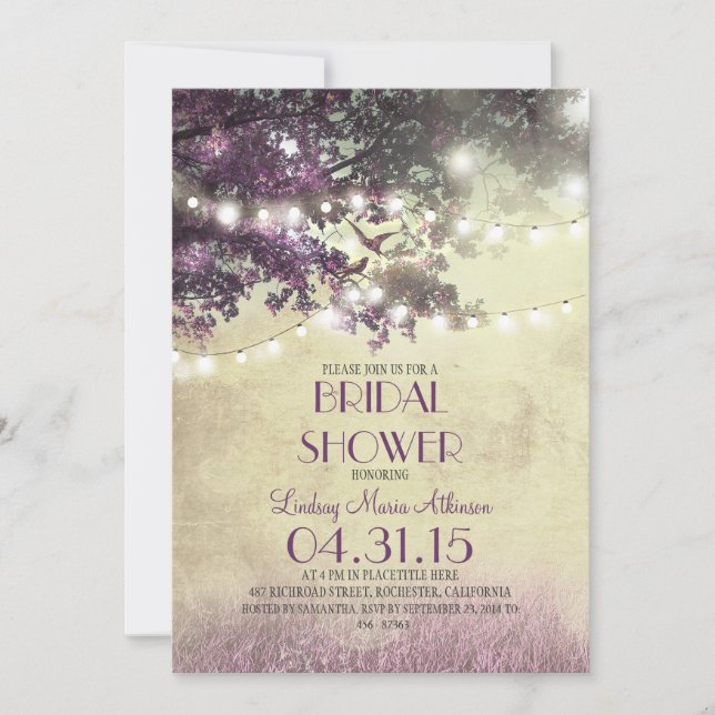Purple old oak tree & love birds bridal shower invitation (Front)