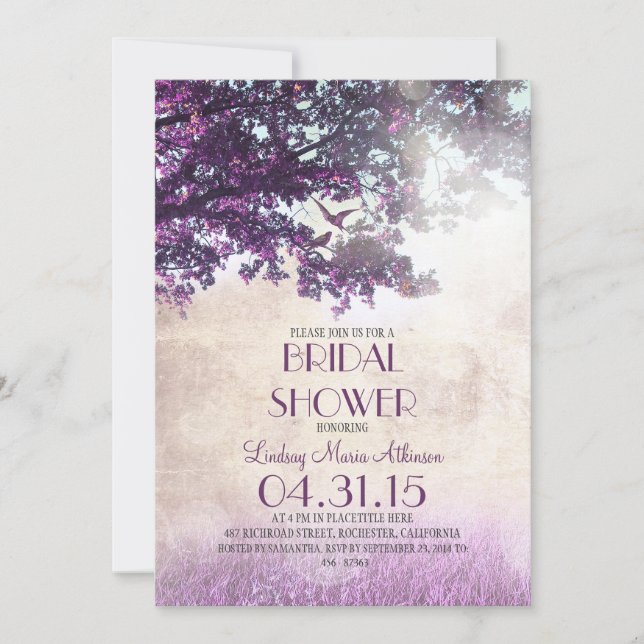 Purple old oak tree & love birds bridal shower invitation (Front)
