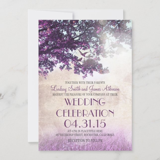 Purple old oak tree & love birds wedding invites (Front)
