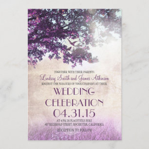 Purple old oak tree & love birds wedding invites