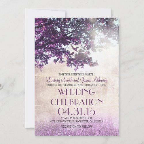 Purple old oak tree  love birds wedding invites