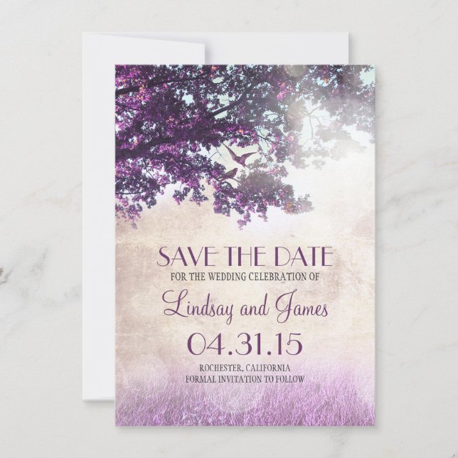 Purple old oak tree romantic save the date cards (Front)