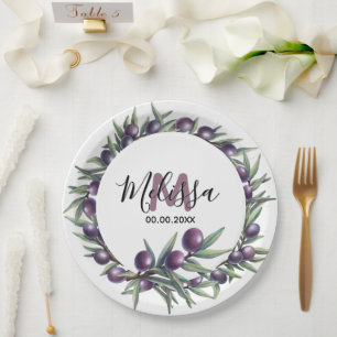 Purple olive branch greenery country monogram paper plates