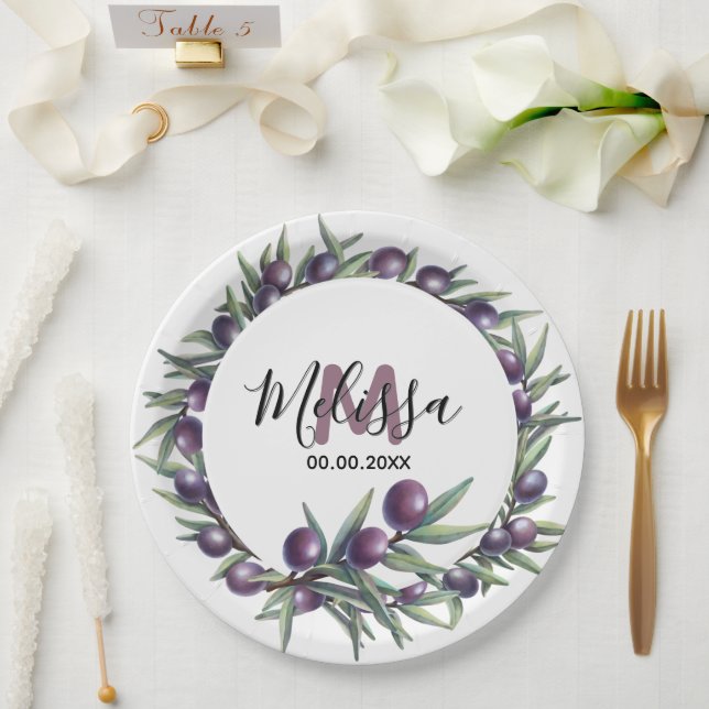 Purple olive branch greenery country monogram paper plates (Wedding)
