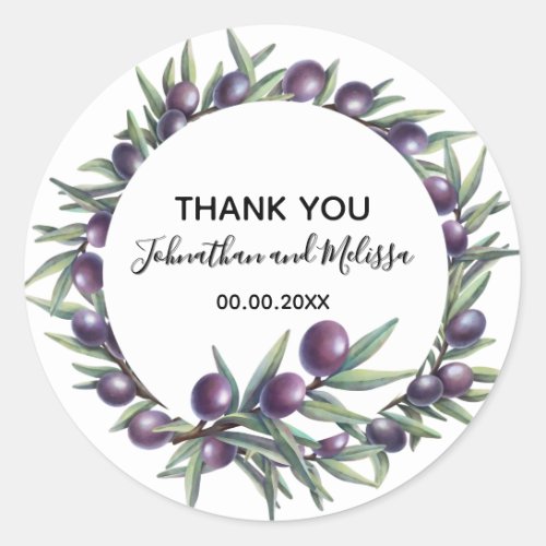 Purple olive branch  thank you party classic round sticker