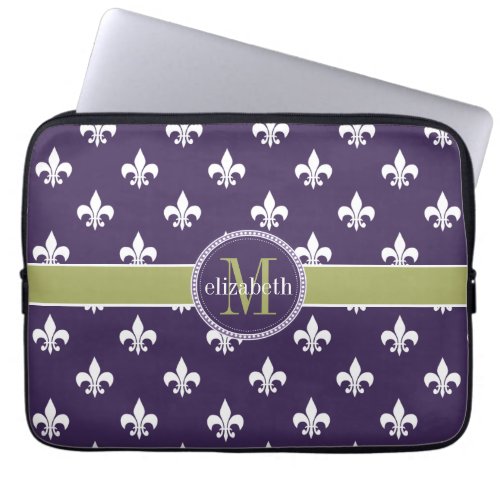 Purple Olive Green White Fleur de Lis Monogram Laptop Sleeve