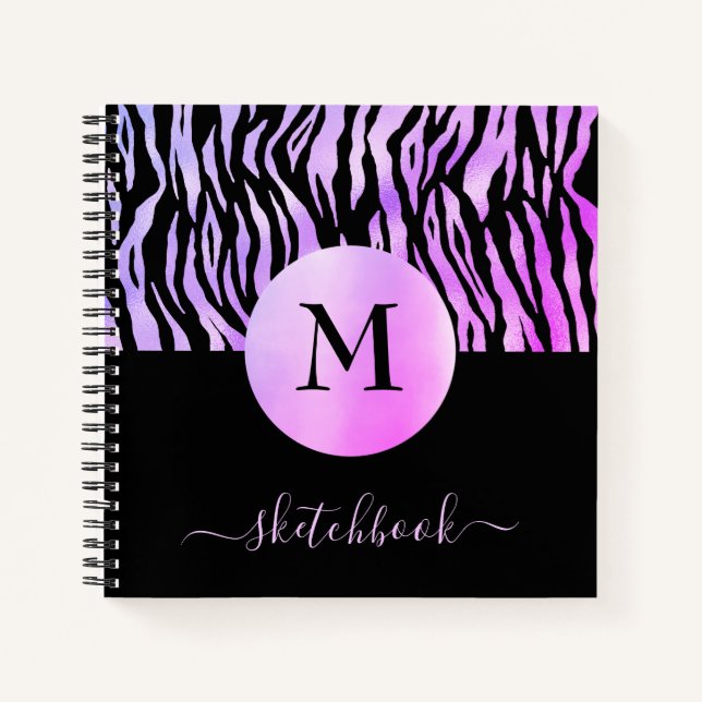 Purple Ombre Animal Print Monogram Sketchbook Glam Notebook (Front)