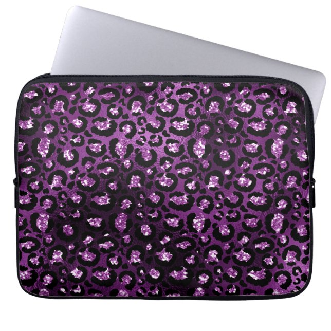Purple Ombre & Black Glam Glitter Leopard Spots Laptop Sleeve (Front)