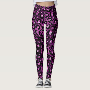 Purple Ombre & Black Glam Glitter Leopard Spots Leggings