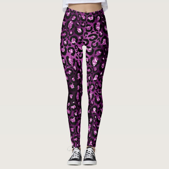 Purple Ombre & Black Glam Glitter Leopard Spots Leggings (Front)