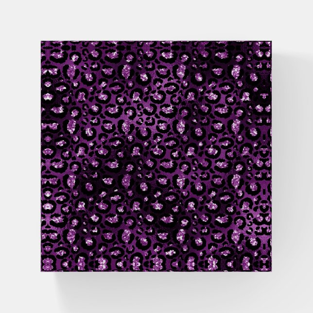 Purple Ombre & Black Glam Glitter Leopard Spots Paperweight (Front)