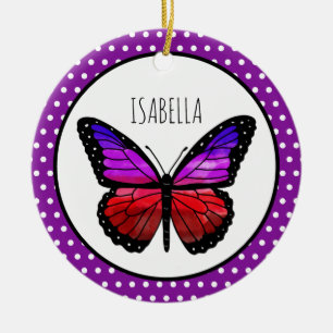 Purple Ombre Butterfly Polka Dot Personalized Ceramic Ornament