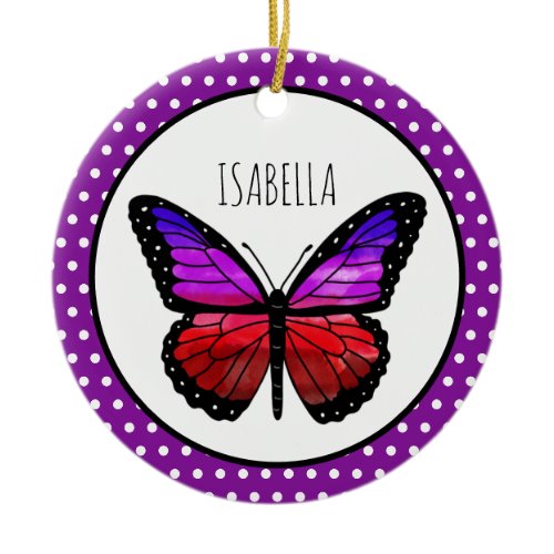 Purple Ombre Butterfly Polka Dot Personalized   Ceramic Ornament