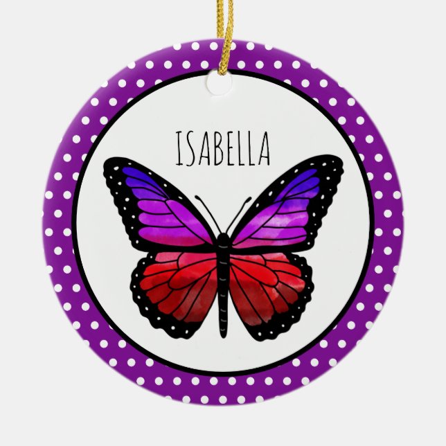 Purple Ombre Butterfly Polka Dot Personalized   Ceramic Ornament (Front)