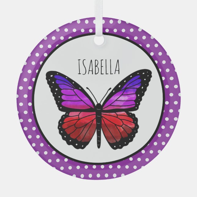 Purple Ombre Butterfly Polka Dot Personalized    Glass Ornament (Front)