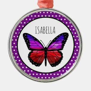 Purple Ombre Butterfly Polka Dot Personalized Metal Ornament