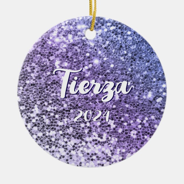 Purple Ombre Chunky Glitter Personalized Ceramic Ornament (Front)