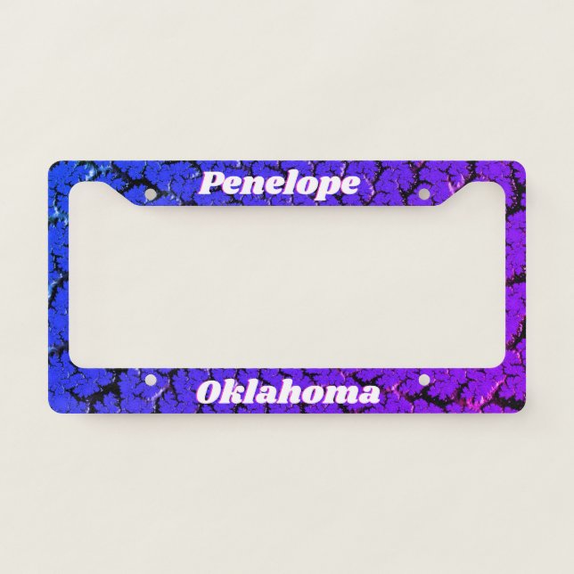 Purple Ombre Cracked Fractal with Name and State License Plate Frame (Front)