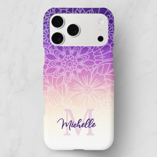 Purple Ombre Floral Monogram Name iPhone 17 Pro Max Case